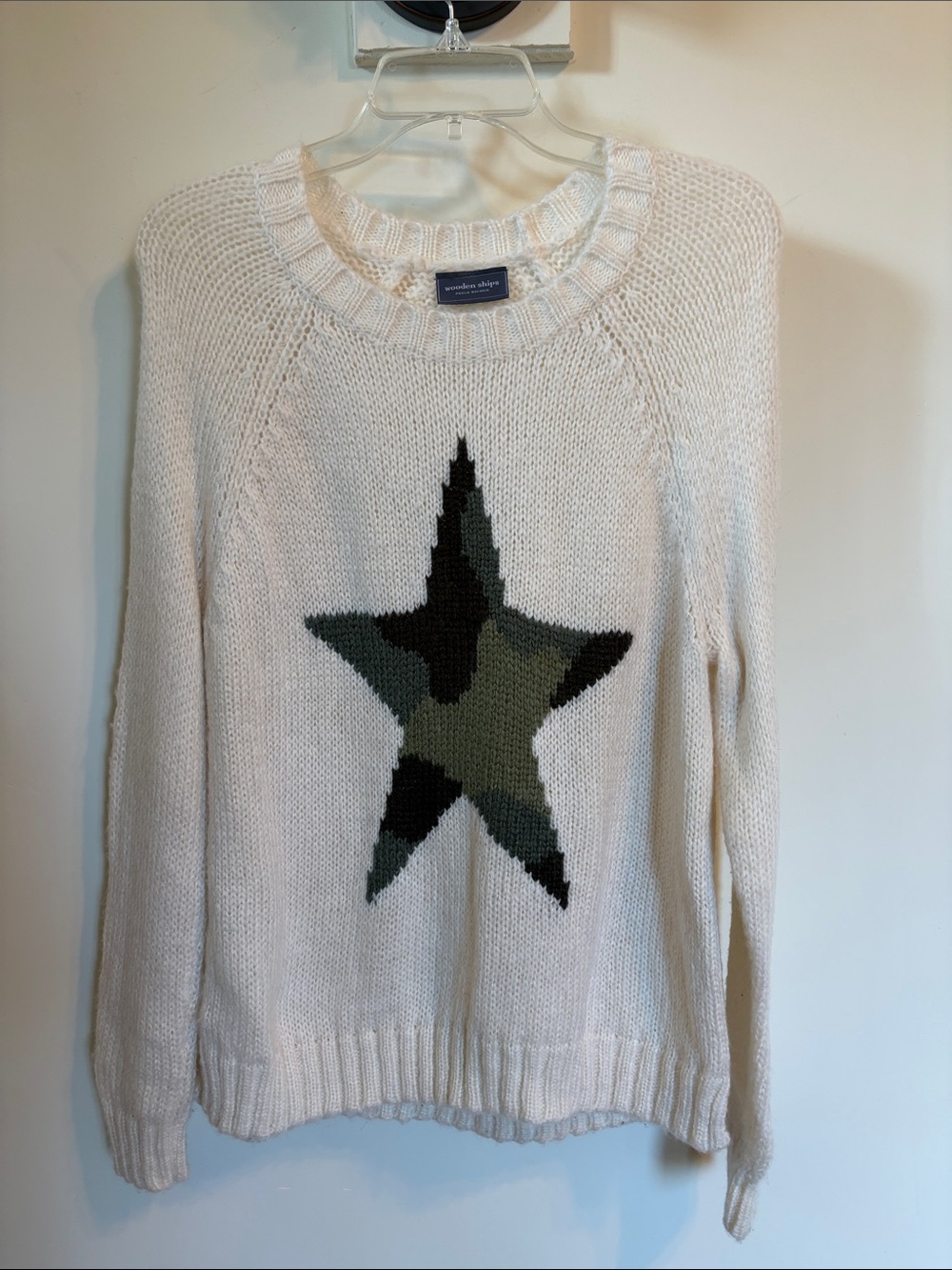 Wooden Ships Green Camouflage Star Sweater S/M Cream Mohair Wool Knit
